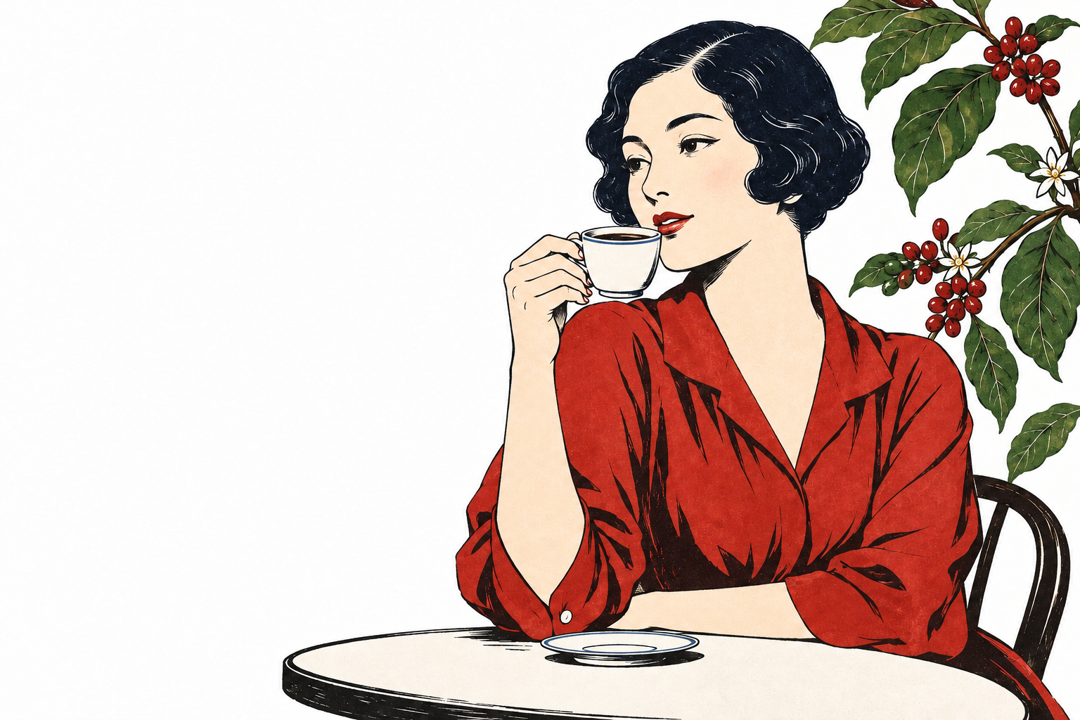 珈琲を楽しむ人物を描いた昭和初期ポスター調のブランドイラスト